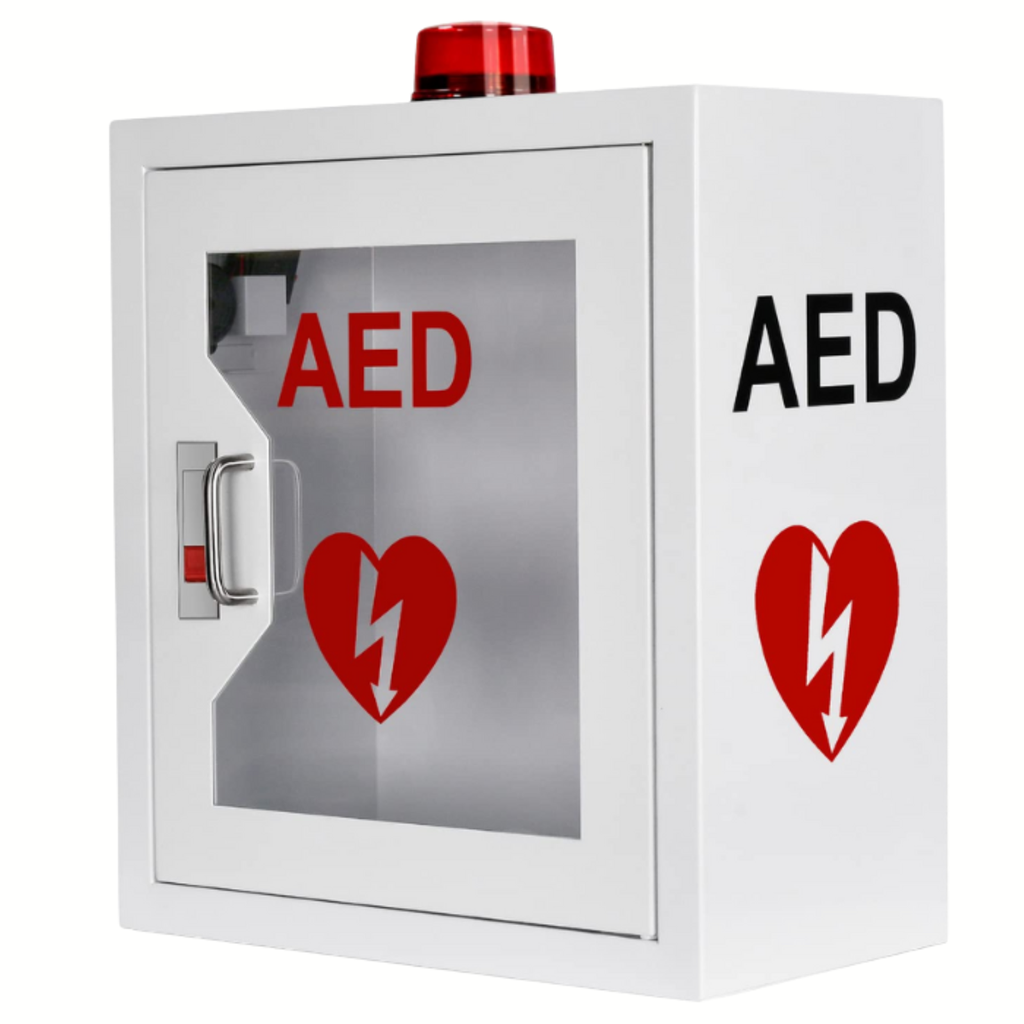 Metal cabinet for defibrillator including display window, emergency key and alarm
